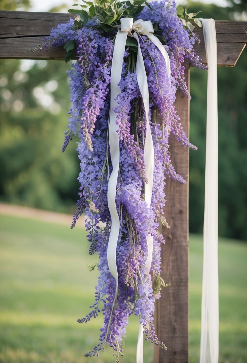 A cascading bouquet of wisteria and lavender, adorned with delicate ribbons, hangs from a rustic wooden arch, creating a dreamy wedding scene