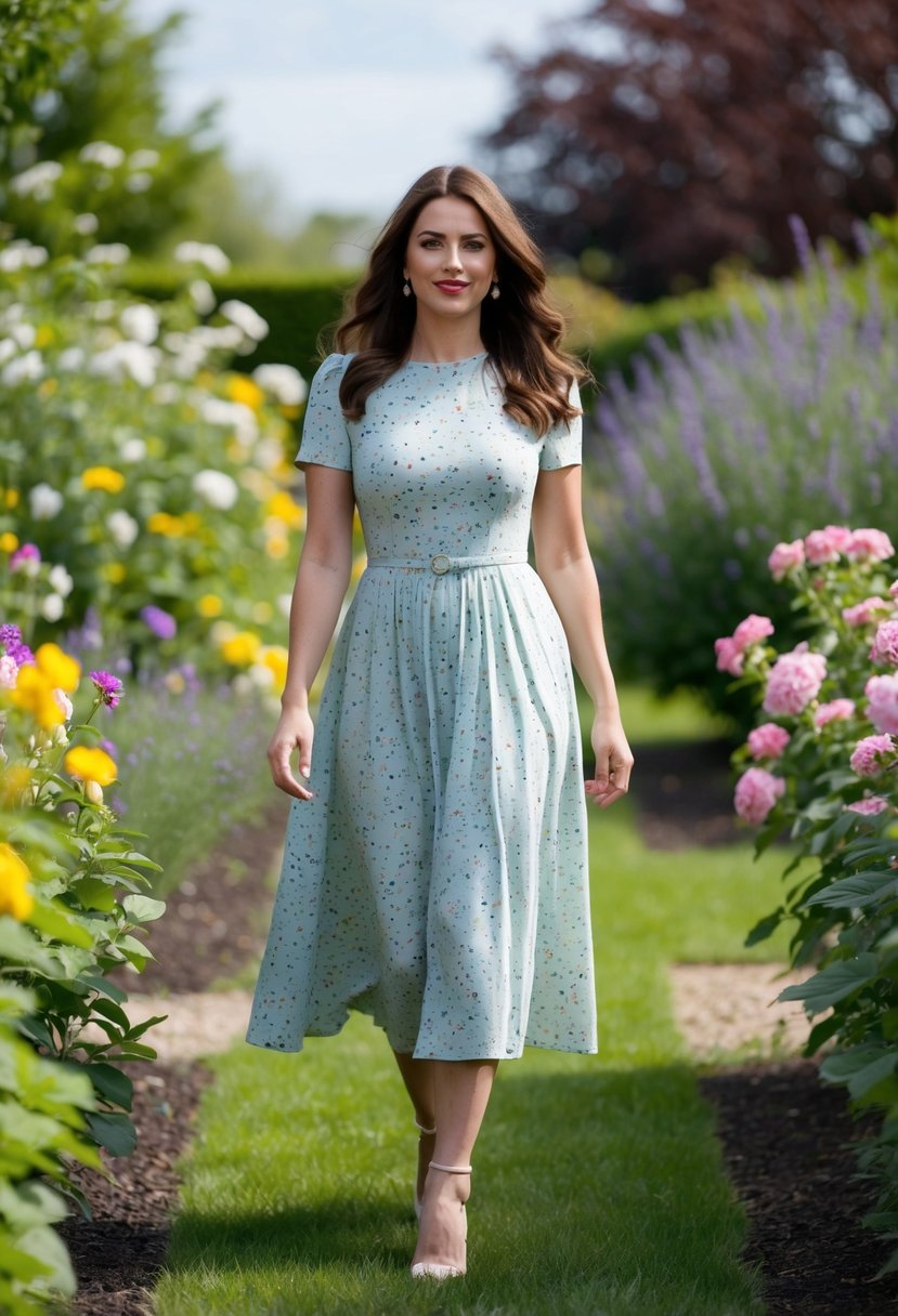 A woman in a mid-length dress walks through a garden, surrounded by blooming flowers and a gentle breeze