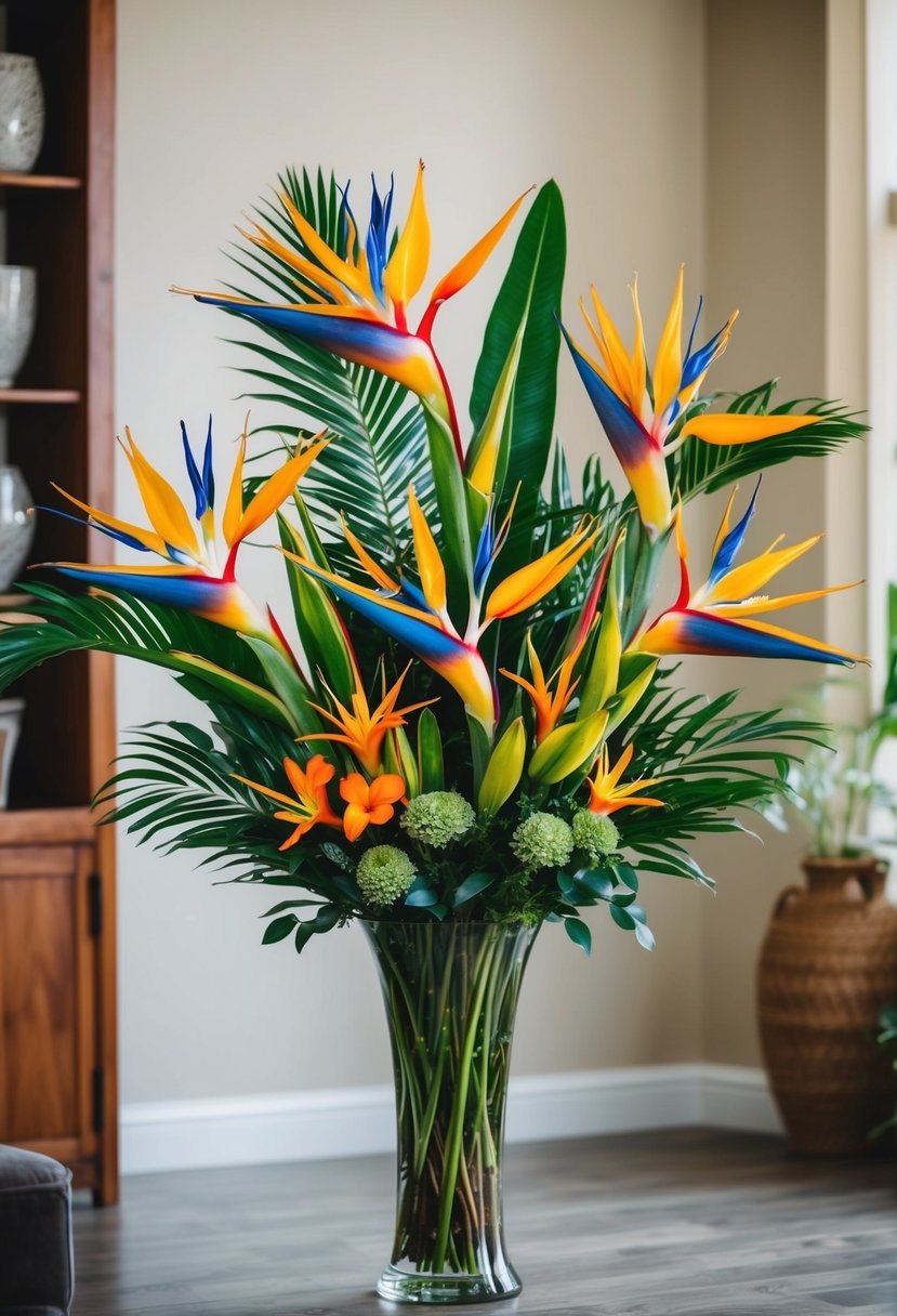 A vibrant bouquet of Birds of Paradise, June flowers, and greenery arranged in a tall vase