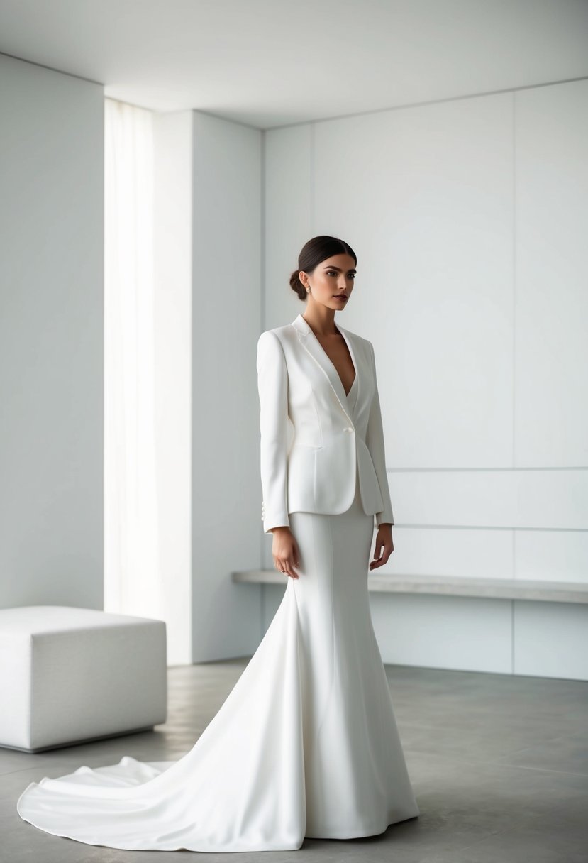 A bride in a timeless bridal suit, wearing a wedding dress without a train, standing in a minimalist, modern setting with clean lines and elegant details