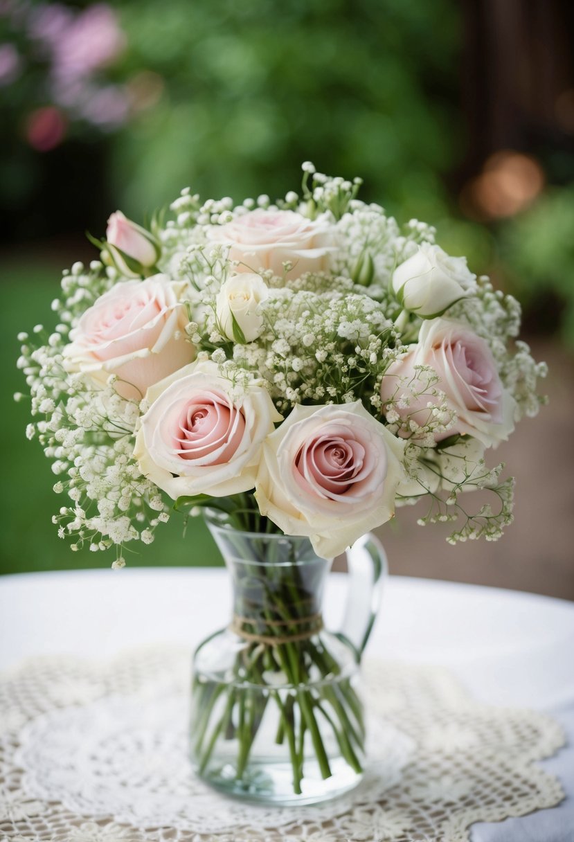 A delicate wedding bouquet of roses and Baby's Breath, arranged in a glass vase on a lace tablecloth