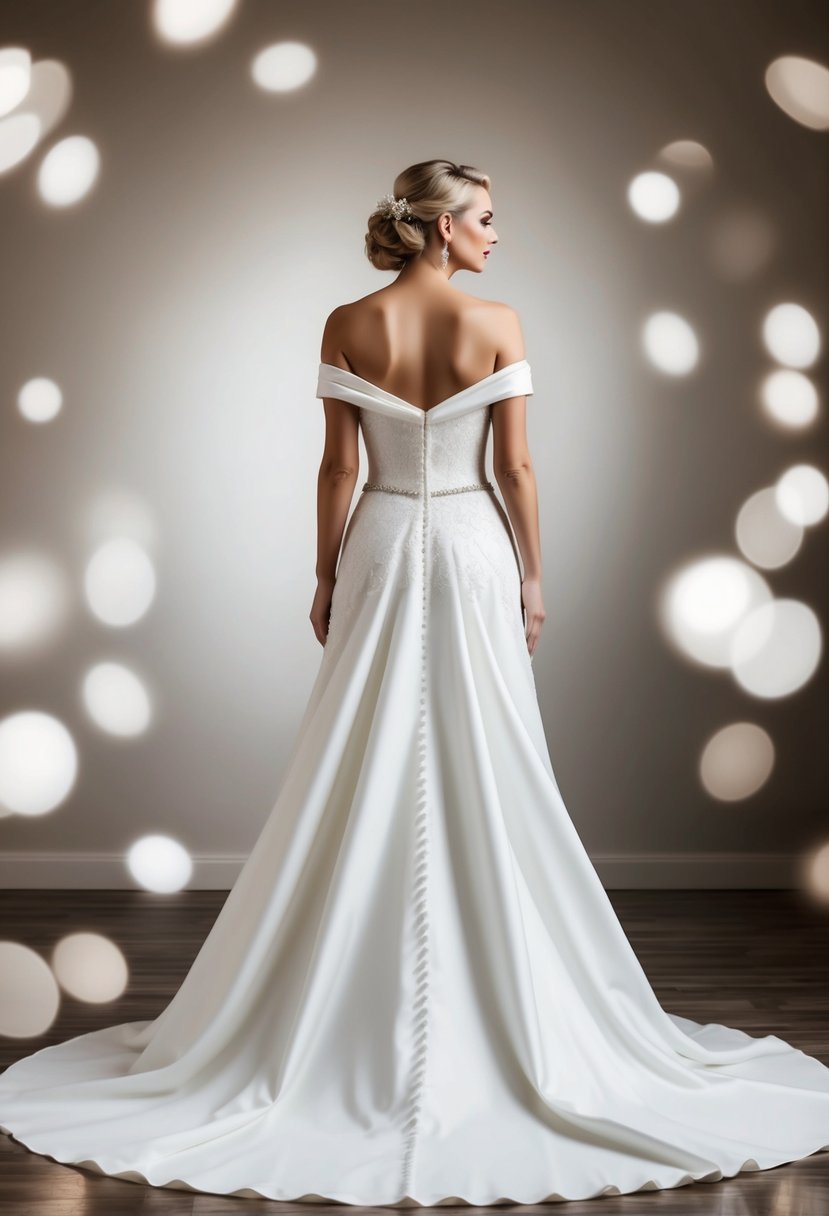 A bride stands in an off-the-shoulder wedding dress, the fabric flowing gracefully without a train, exuding elegance and sophistication