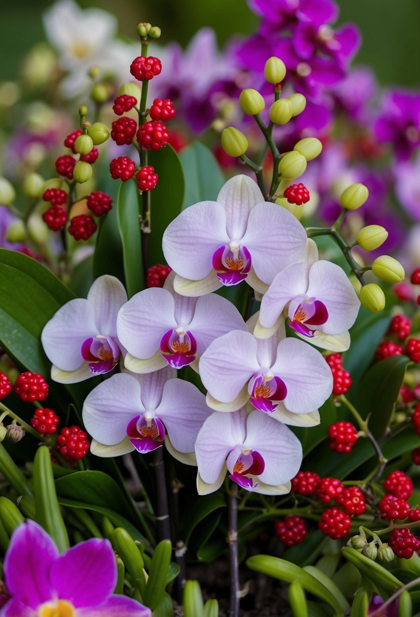 A delicate bouquet of orchids and berries nestled among vibrant June flowers