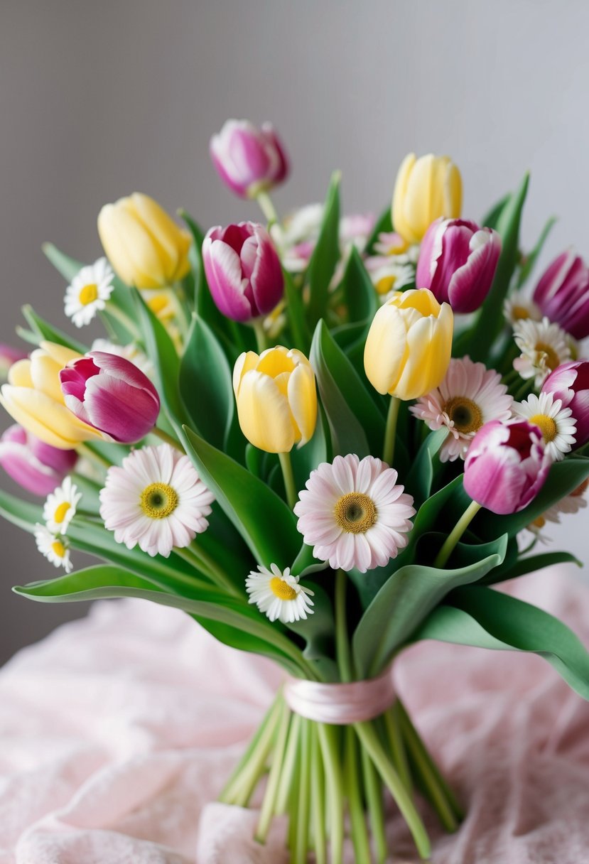 A vibrant bouquet of tulips and daisies, arranged in a delicate and elegant manner, with a soft, romantic color scheme