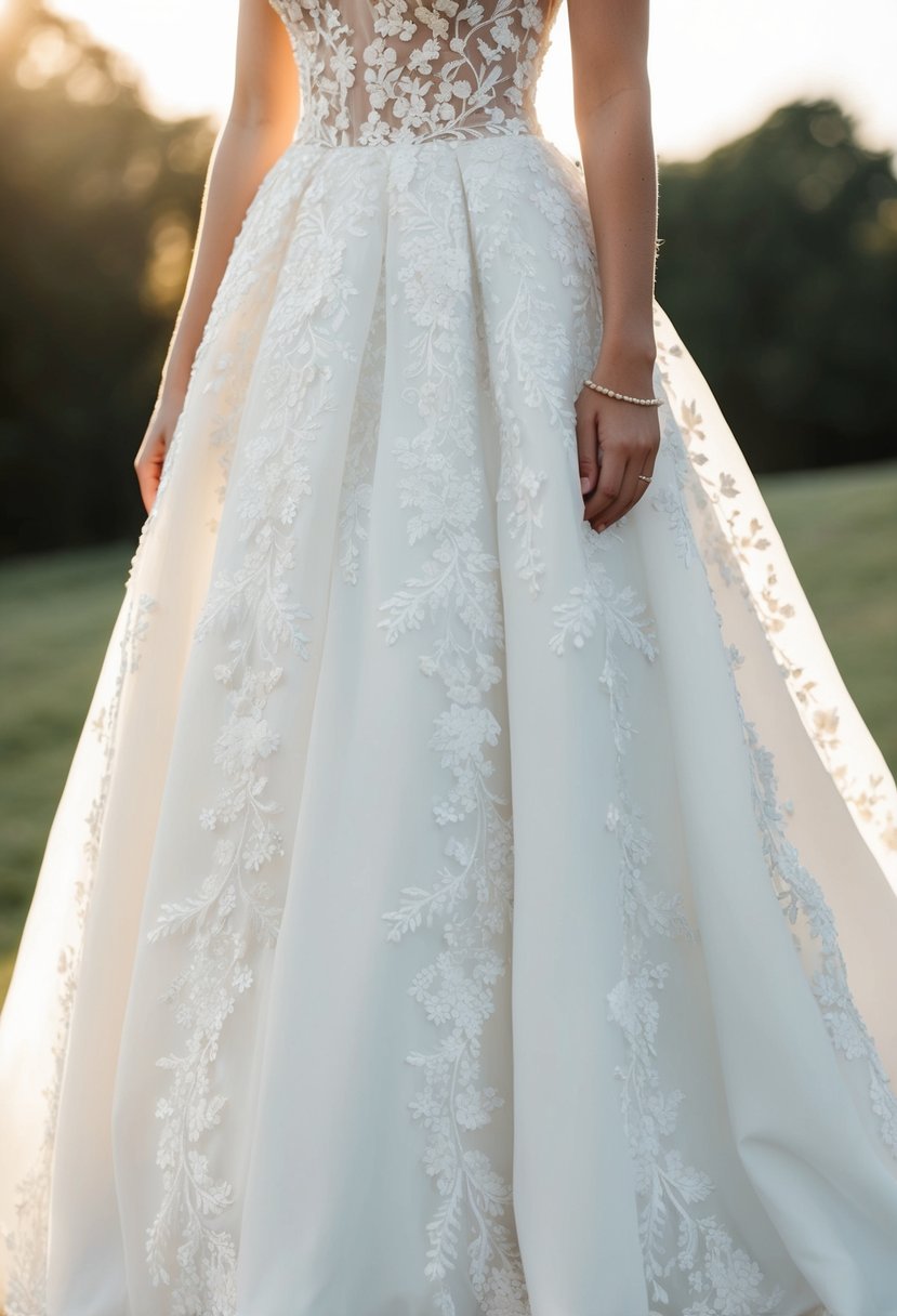 A white wedding dress with intricate floral embroidery cascading down the skirt and bodice