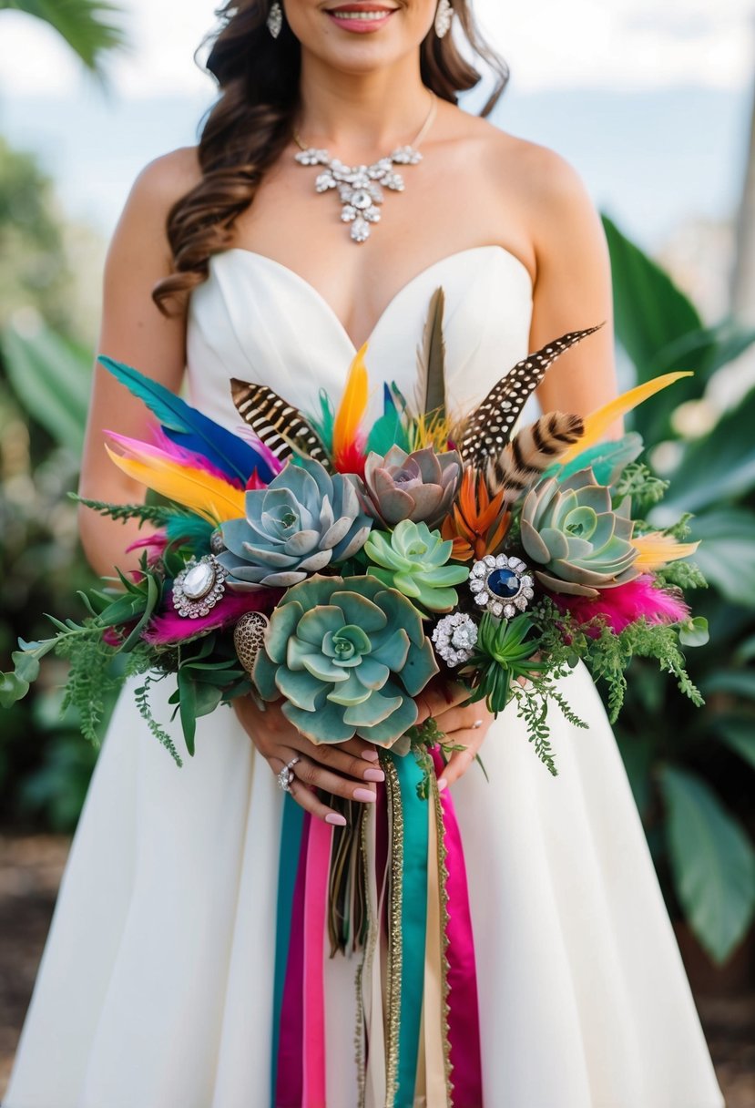 A bride holding a bouquet made of colorful feathers, succulents, and vintage brooches, with cascading ribbons and exotic foliage