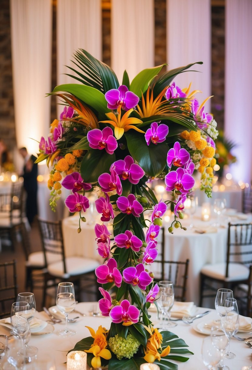 A vibrant bouquet of cascading orchids and tropical blooms, bursting with color and texture, creates a unique and unusual wedding centerpiece