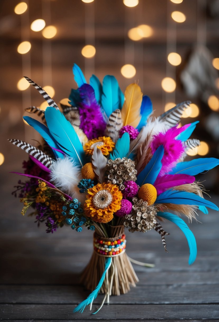 A vibrant bouquet of feathers, beads, and dried flowers arranged in a bohemian style