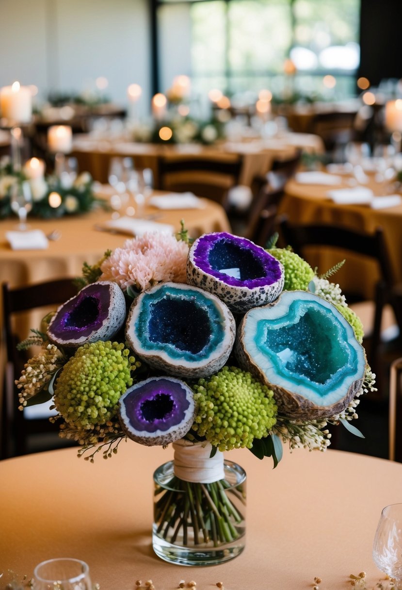 A bouquet of geode flower clusters in various colors and sizes arranged in a stunning and unusual wedding display