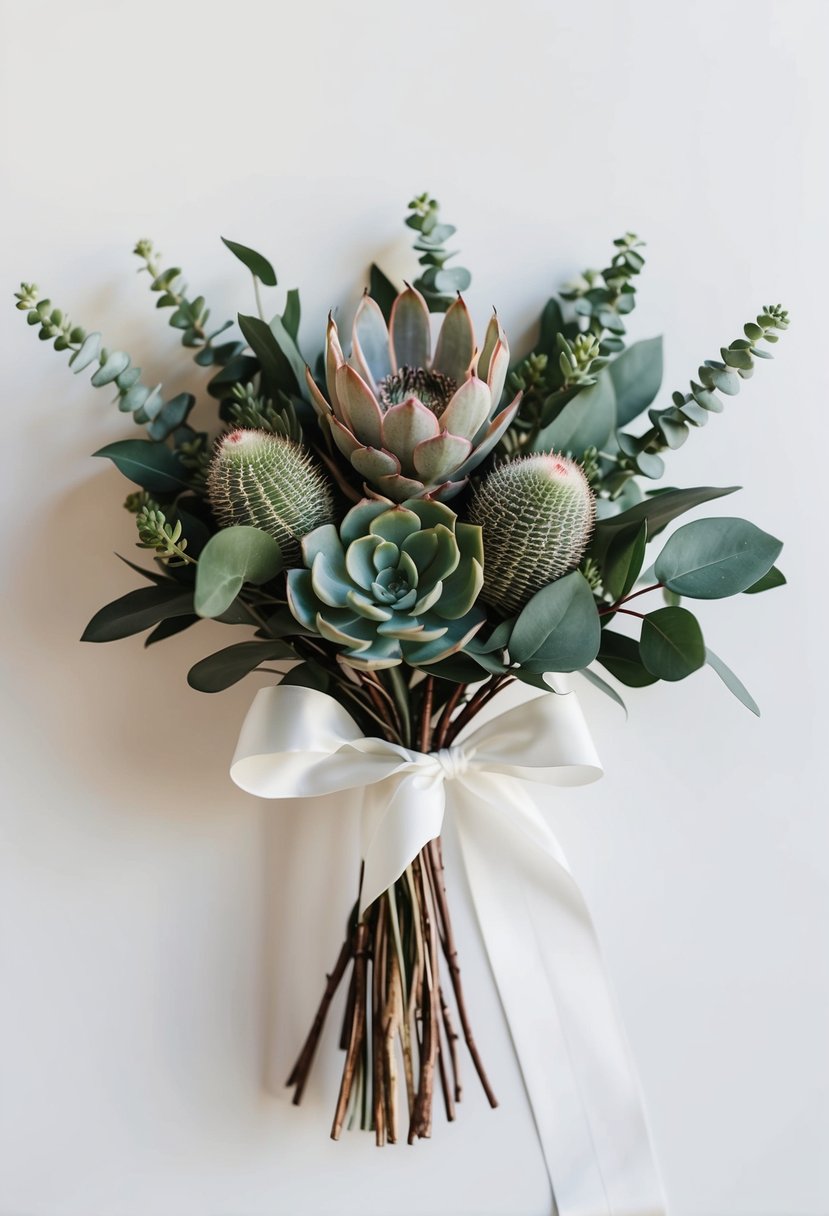 A modern wedding bouquet featuring succulents, protea, and eucalyptus, tied with silk ribbon, set against a clean white background