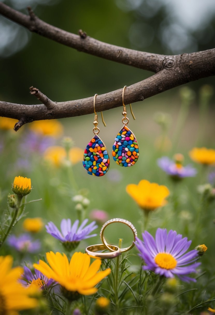 Colorful mismatched earrings dangle from a tree branch, while a pair of tiny wedding bands sit nestled in a bed of wildflowers