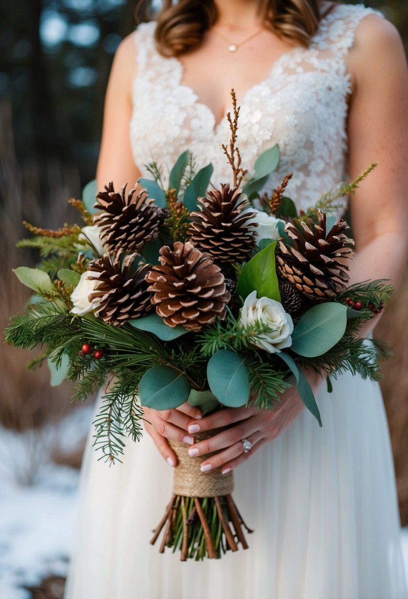 A rustic wedding bouquet with pinecones, earthy tones, and winter foliage