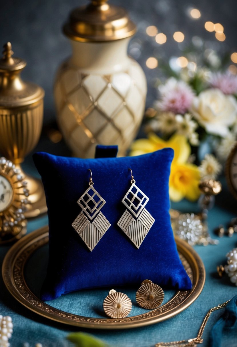 A pair of Art Deco geometric earrings displayed on a velvet cushion, surrounded by vintage wedding accessories and quirky decor