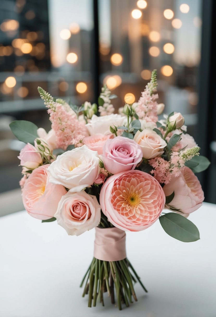 A delicate pastel pink bouquet of modern wedding flowers