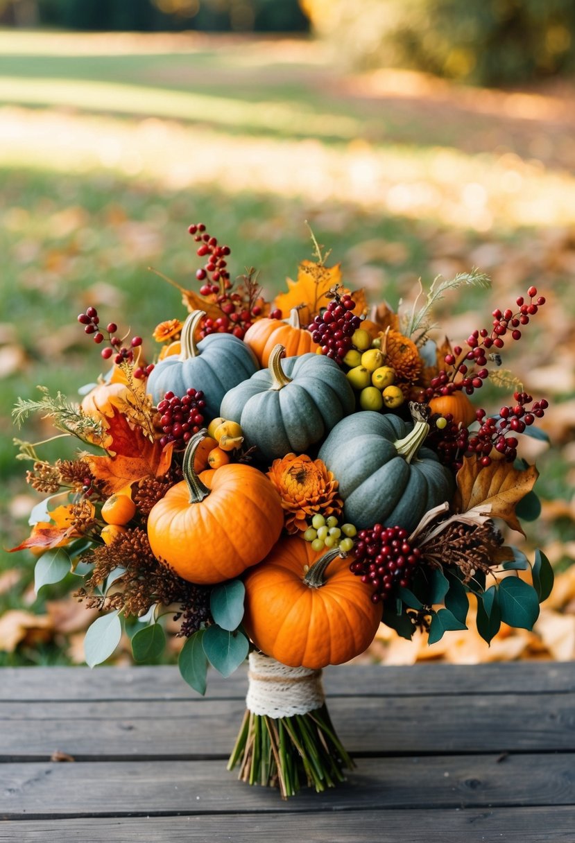 A rustic fall bouquet with pumpkins, berries, and autumn foliage arranged in a unique and unusual wedding arrangement