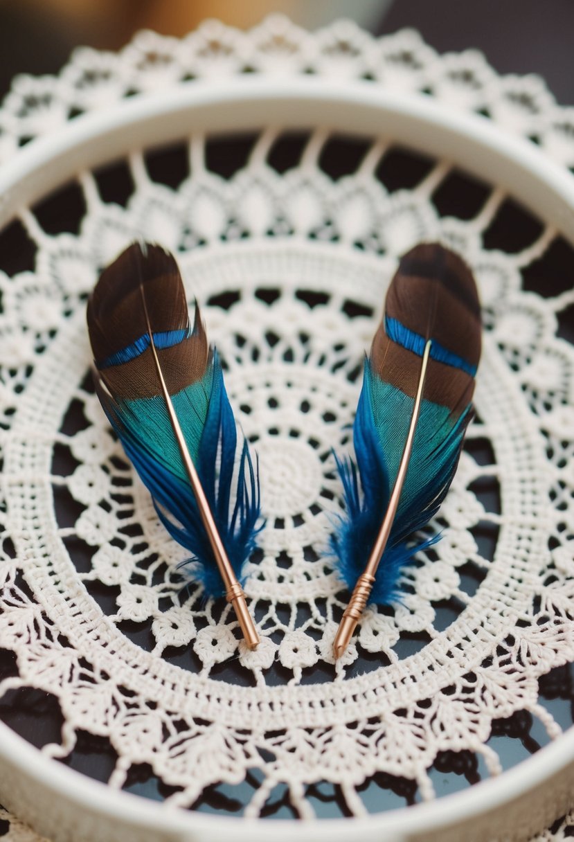 Two asymmetrical feather studs displayed on a vintage lace doily