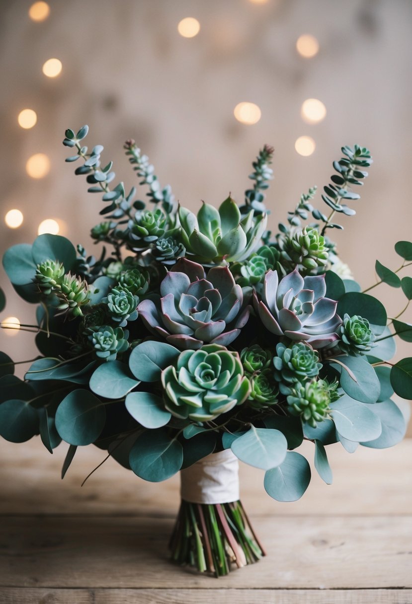 A modern wedding bouquet featuring succulents and eucalyptus, arranged in a stylish and elegant manner