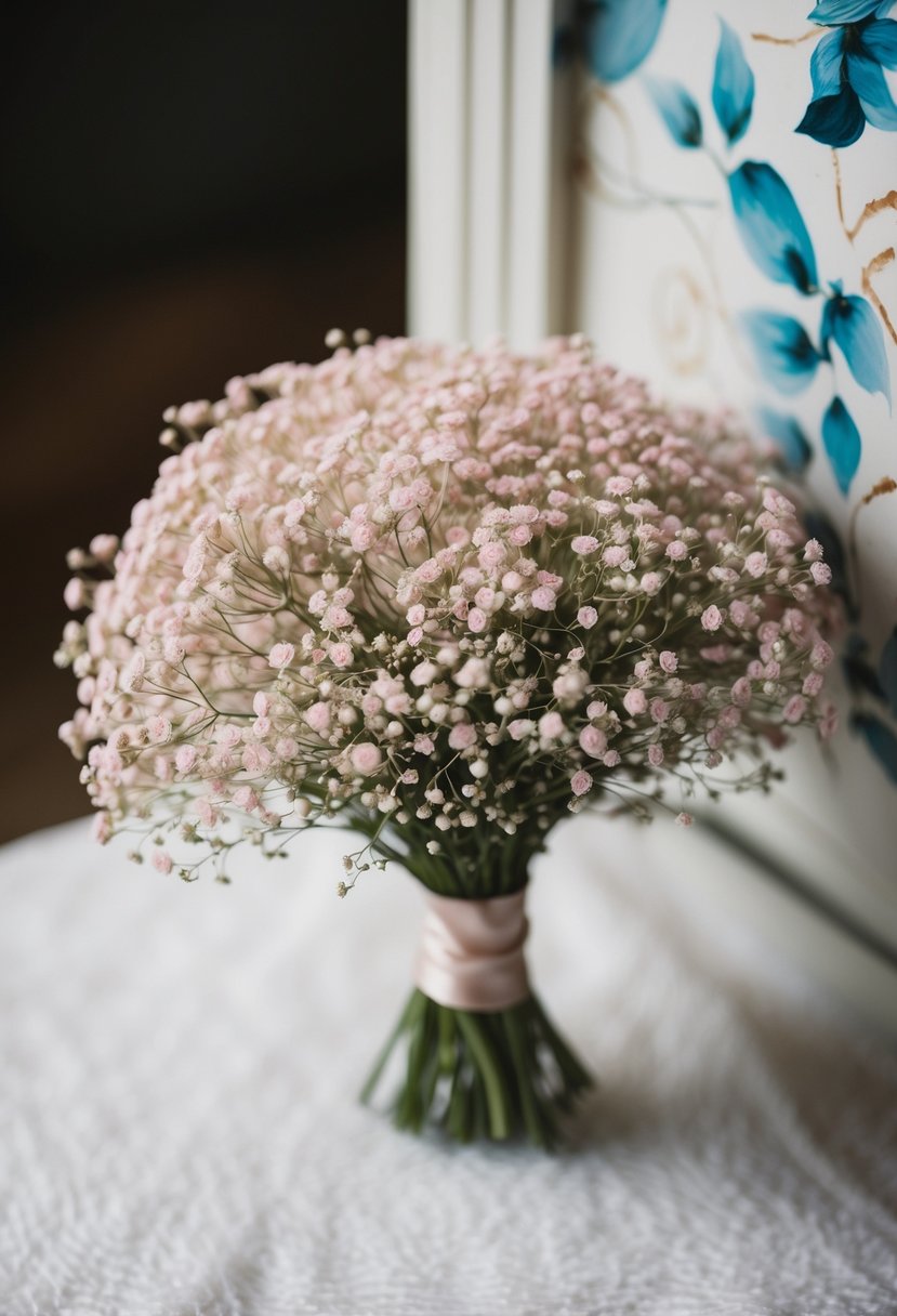 A delicate wedding bouquet of pink baby's breath, accented with unique and unusual painted details