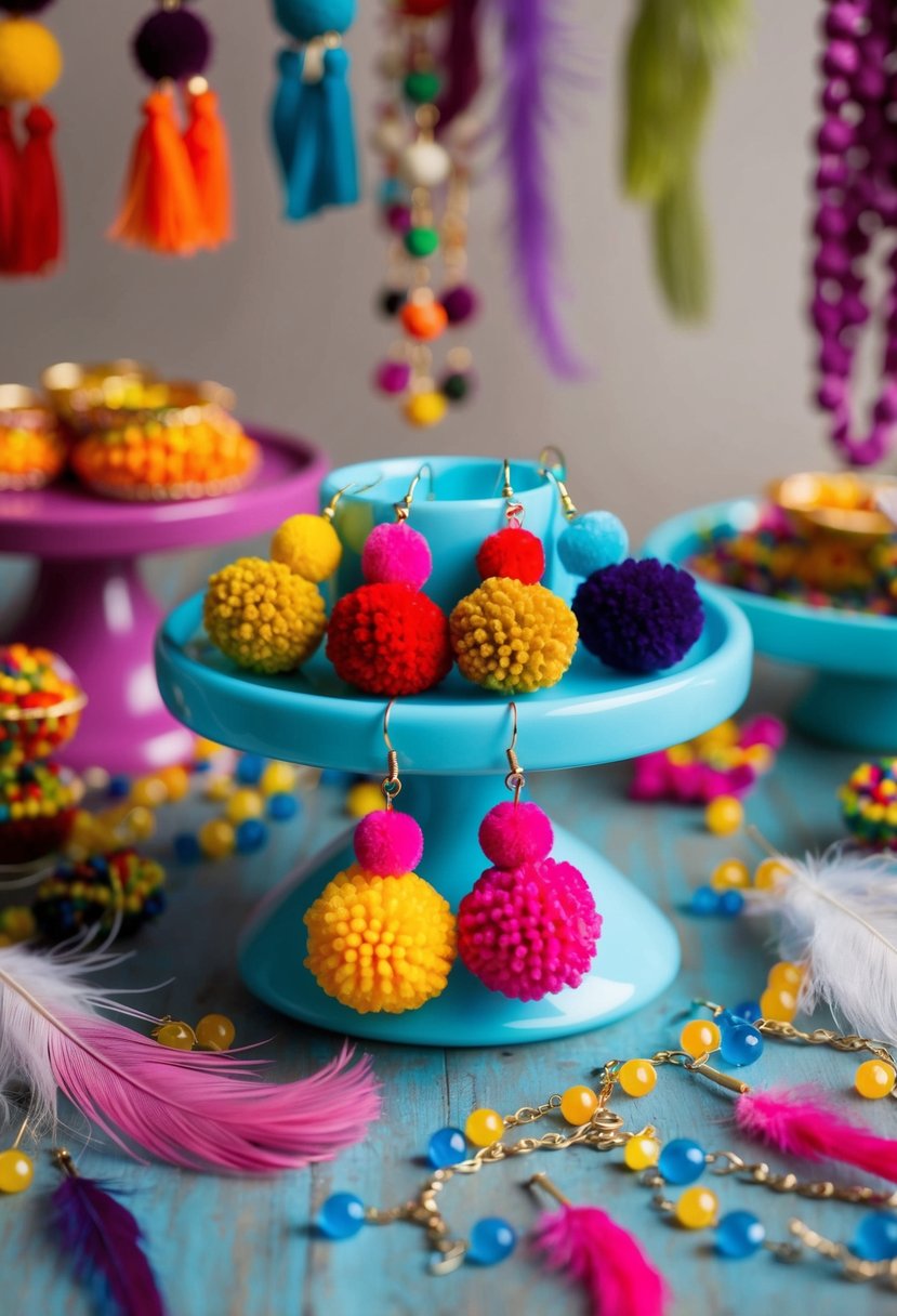 Colorful pom-pom earrings displayed on a whimsical, bohemian-themed table with scattered beads and feathers