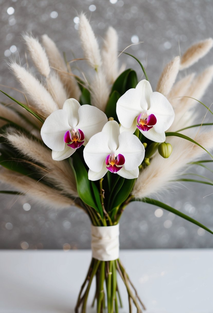 A modern wedding bouquet featuring delicate orchids and fluffy bunny tail grass