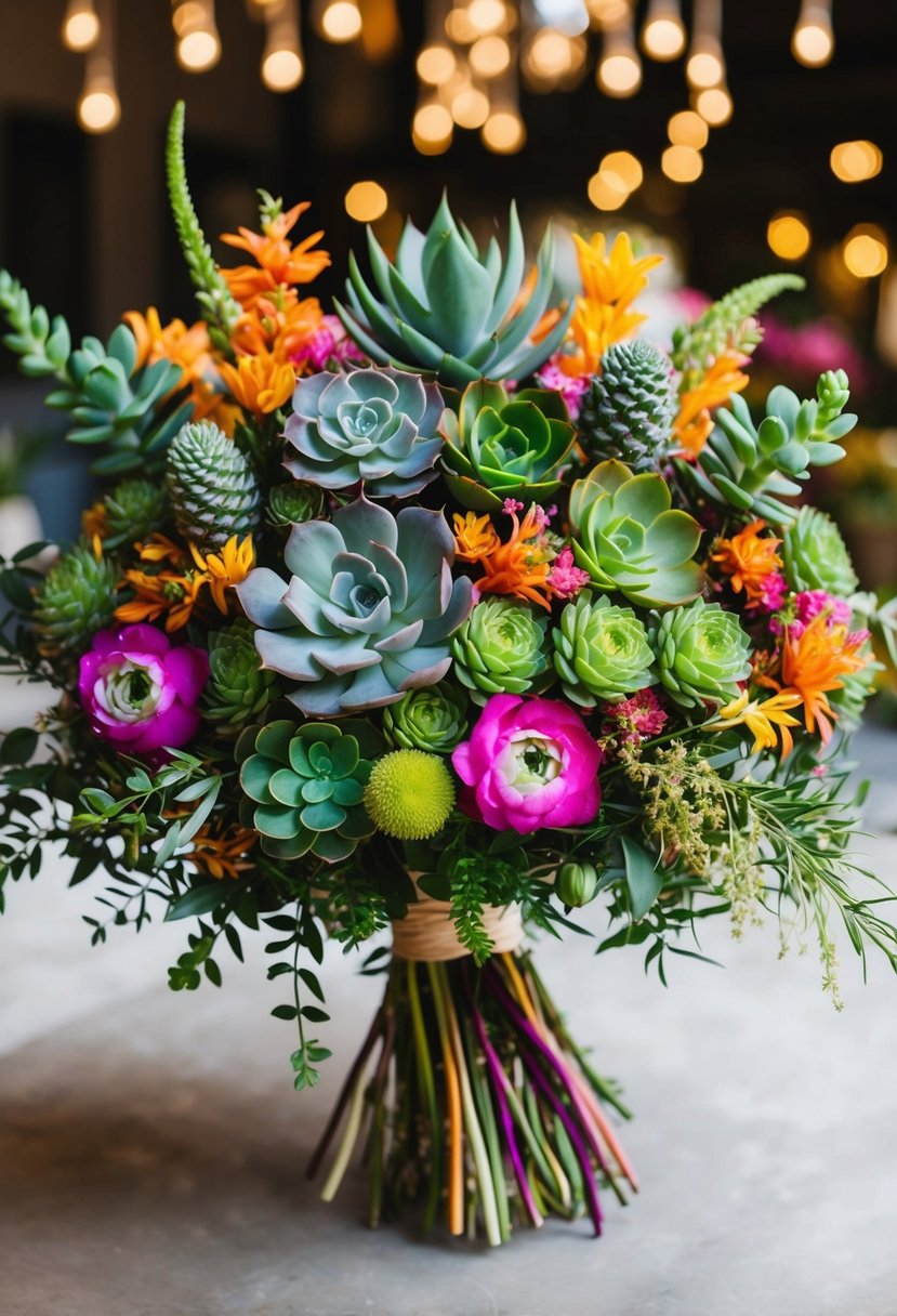 A variety of vibrant succulents and exotic flowers arranged in a cascading bouquet, showcasing unique and unusual wedding bouquet ideas