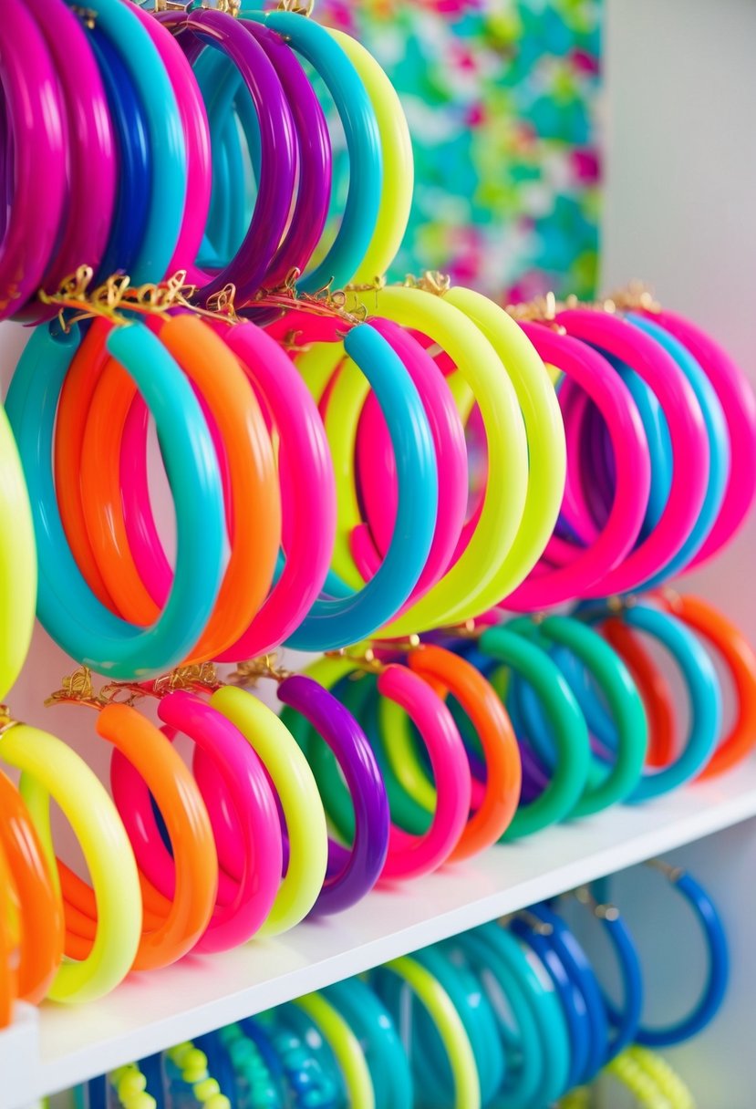 A colorful assortment of neon acrylic hoops arranged in a playful and whimsical display, perfect for a quirky wedding earring idea