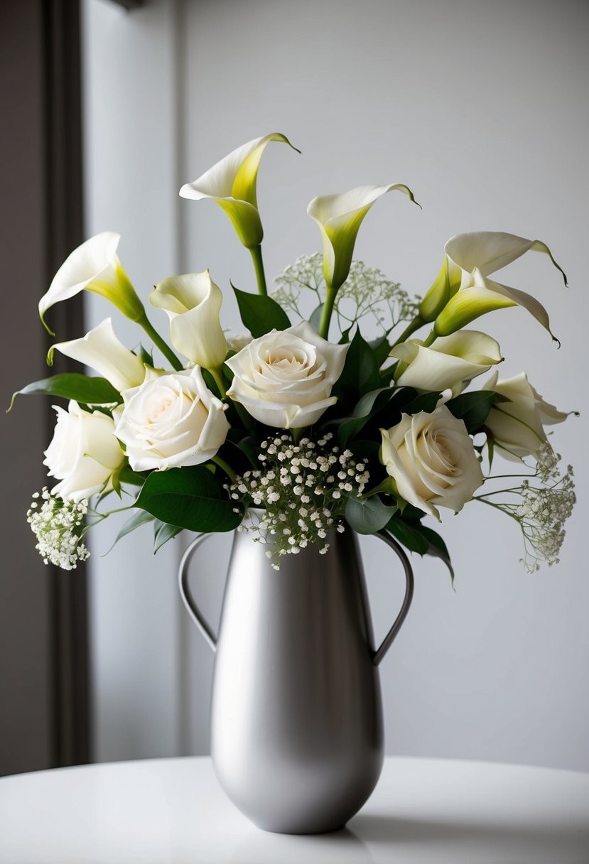 A simple, monochromatic bouquet of white roses, calla lilies, and baby's breath arranged in a sleek, modern vase