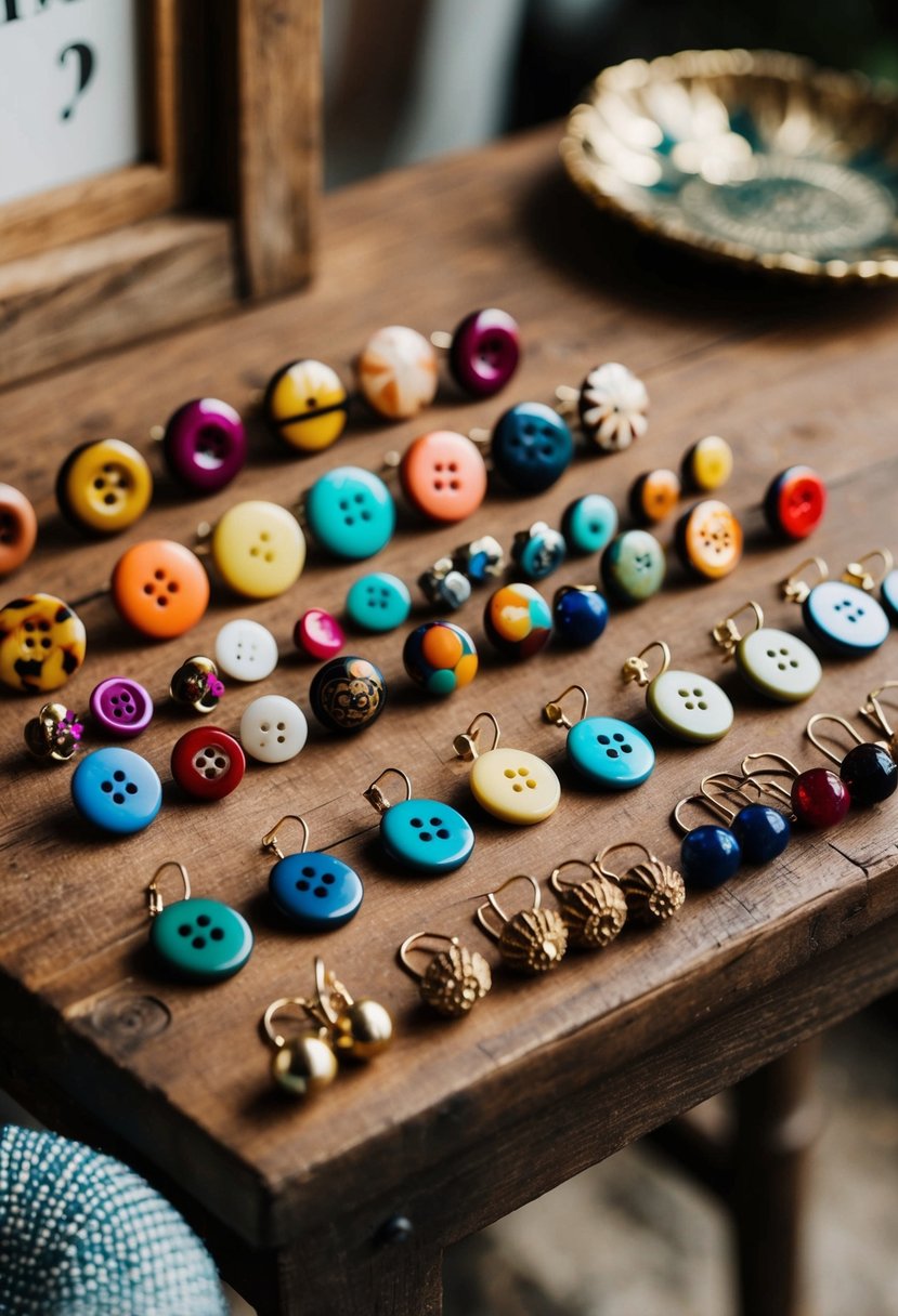 A rustic wooden table adorned with vintage button earrings in various colors and styles, arranged in an artistic display