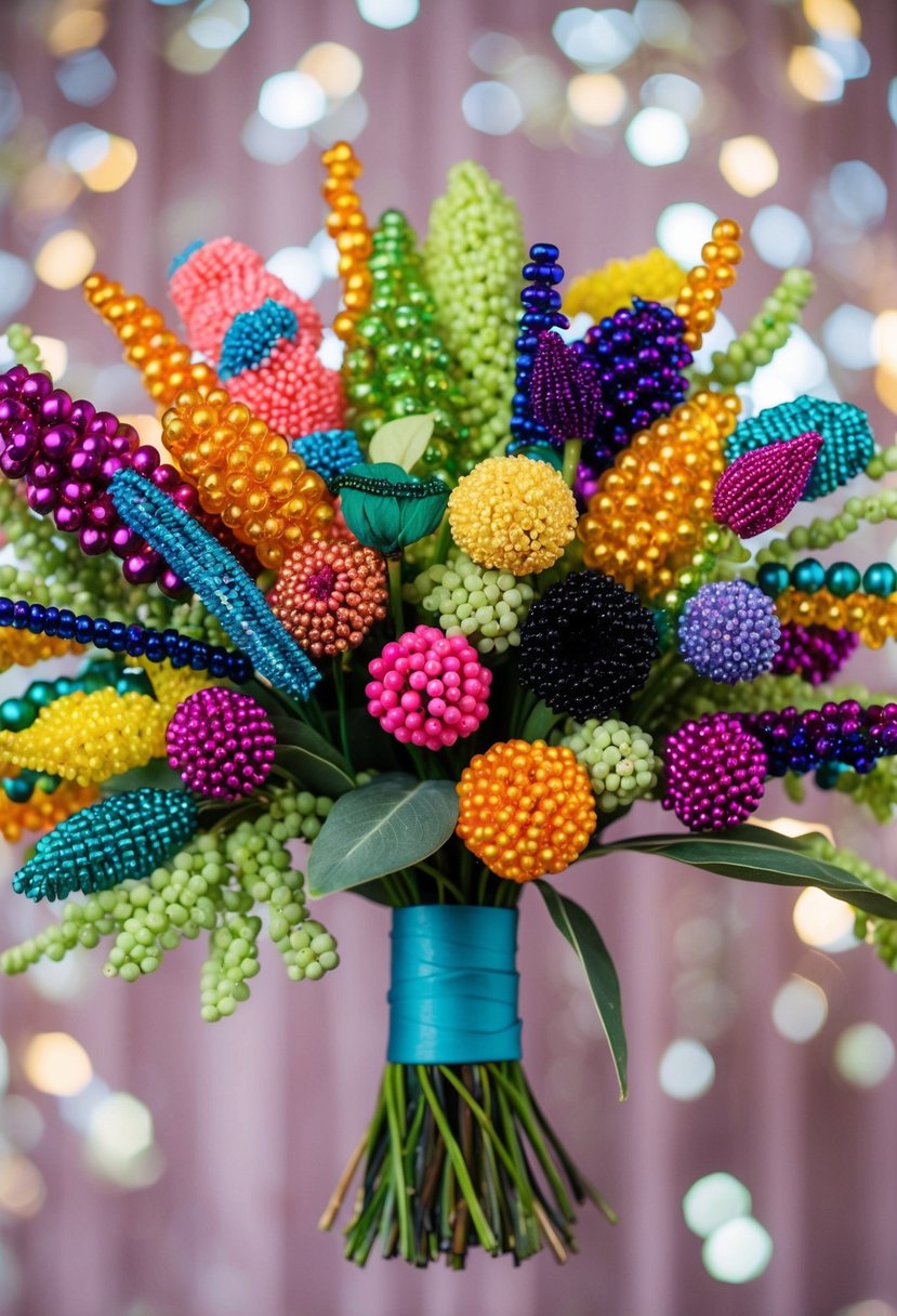 A vibrant array of beaded flowers in various shapes and sizes, arranged in an elegant and unconventional wedding bouquet