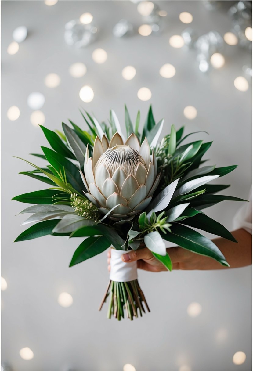 A modern wedding bouquet featuring protea and silver leaves, arranged in a sleek and elegant style