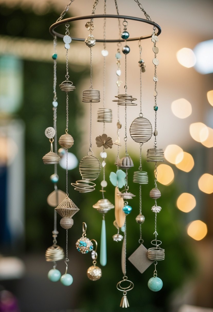 A collection of mixed metal mobiles hanging in a whimsical display, showcasing quirky wedding earring ideas