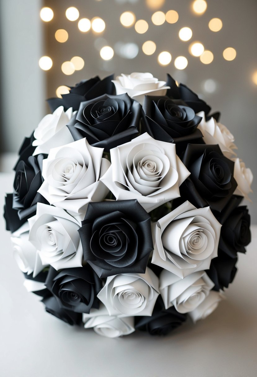 A bouquet of black and white paper roses arranged in a modern and artistic style, with varying sizes and textures for a unique wedding look