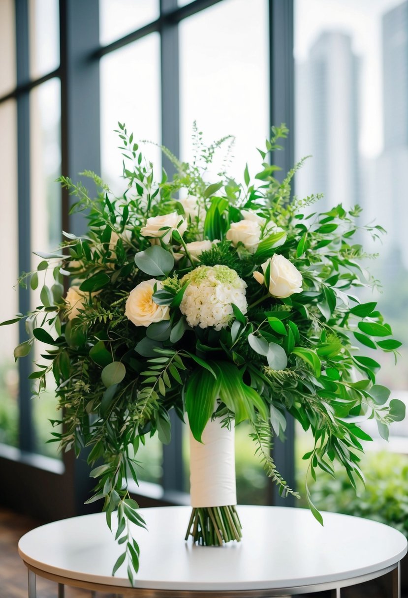 Lush greenery cascades from a modern wedding bouquet, creating a delightful and elegant display