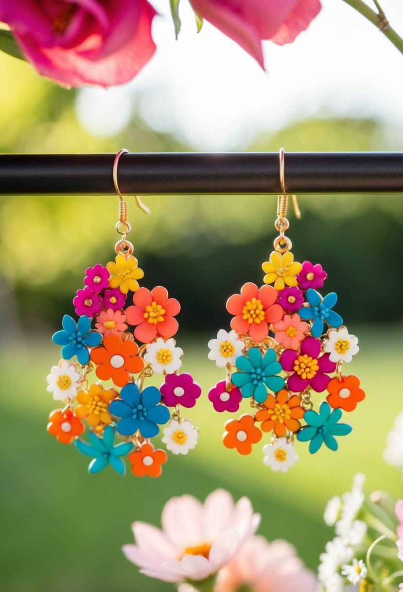 Vibrant floral dangle earrings with playful, whimsical designs in a wedding setting