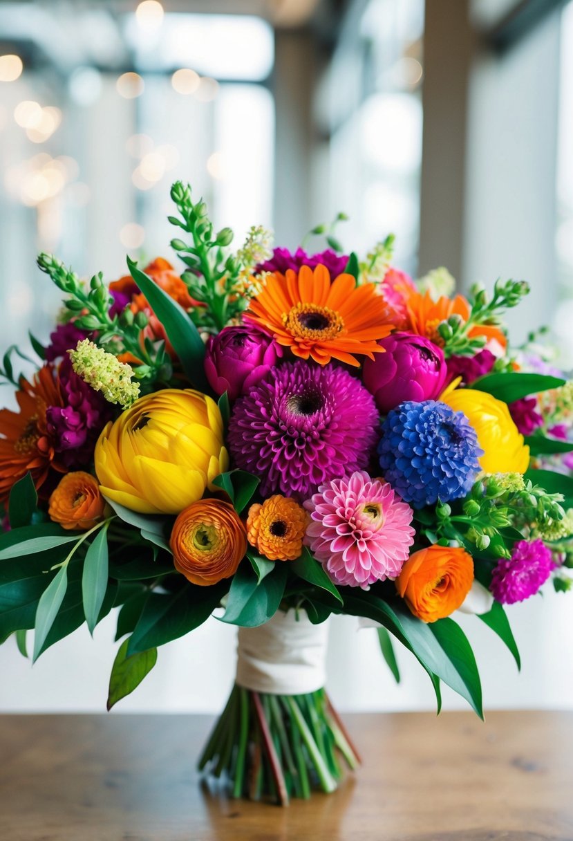 A vibrant mix of bold, colorful blooms arranged in a modern wedding bouquet