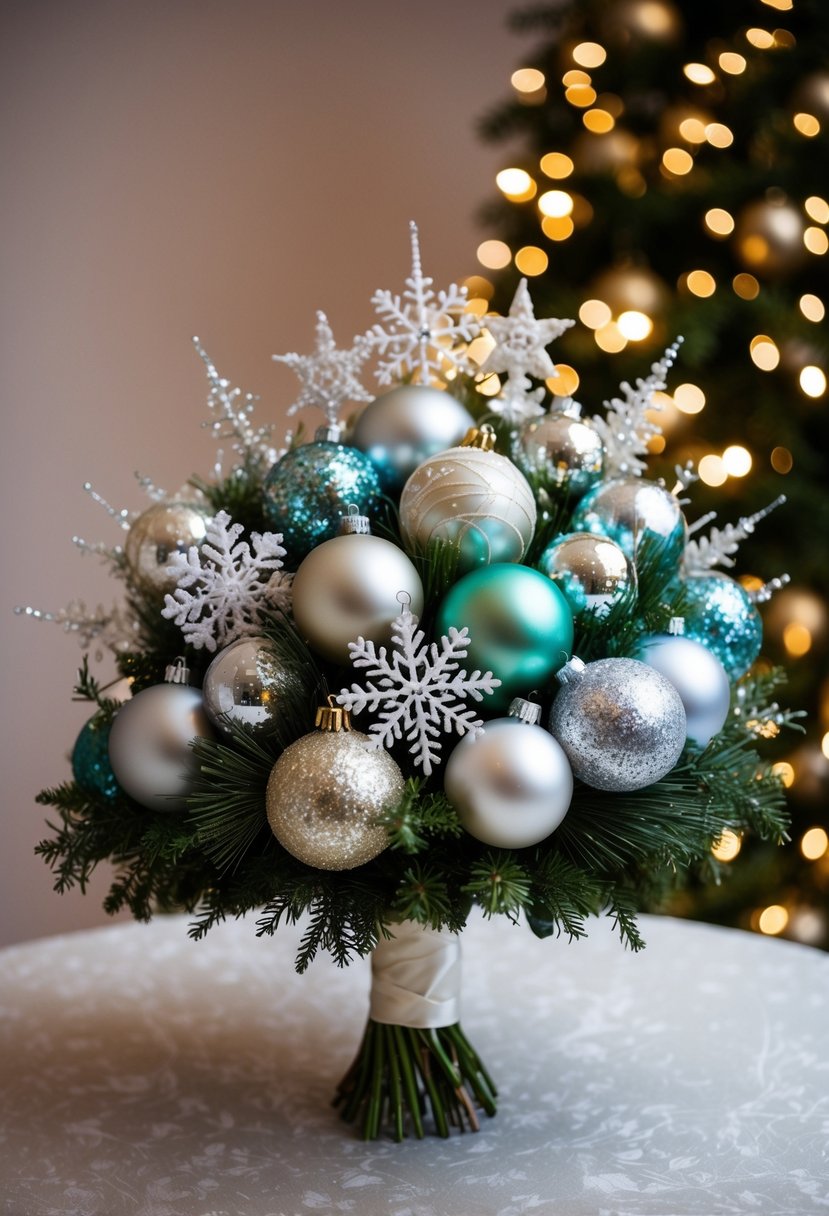 A bouquet of holiday ornaments, including glittery balls, delicate snowflakes, and sparkling stars, arranged in a unique and unusual wedding bouquet design