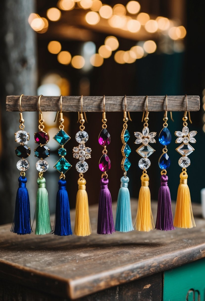 A display of mismatched crystal and tassel earrings in vibrant colors and unique shapes, arranged on a rustic wooden table