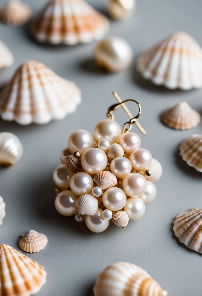 A cluster of seashells and pearls arranged in a whimsical wedding earring design