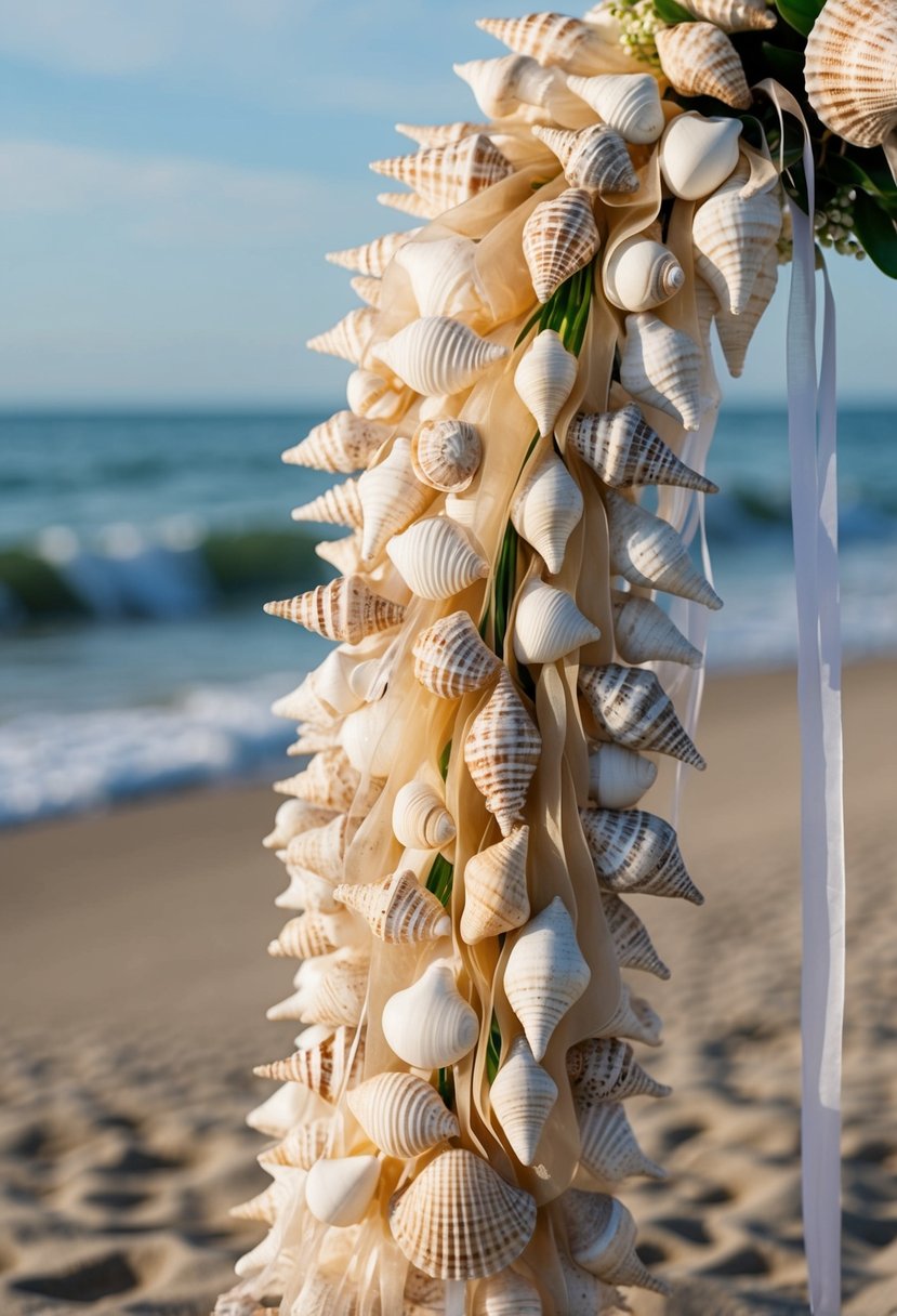 A collection of seashells arranged in a cascading bouquet, with delicate ribbons flowing through the gaps, set against a backdrop of sandy beach and gentle waves