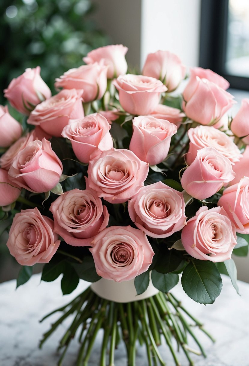 A lush bouquet of blush roses arranged in a modern, romantic style