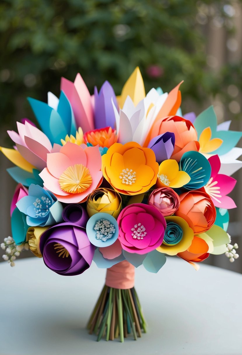 A vibrant assortment of paper blooms in various shapes and sizes, arranged in a whimsical and unconventional wedding bouquet