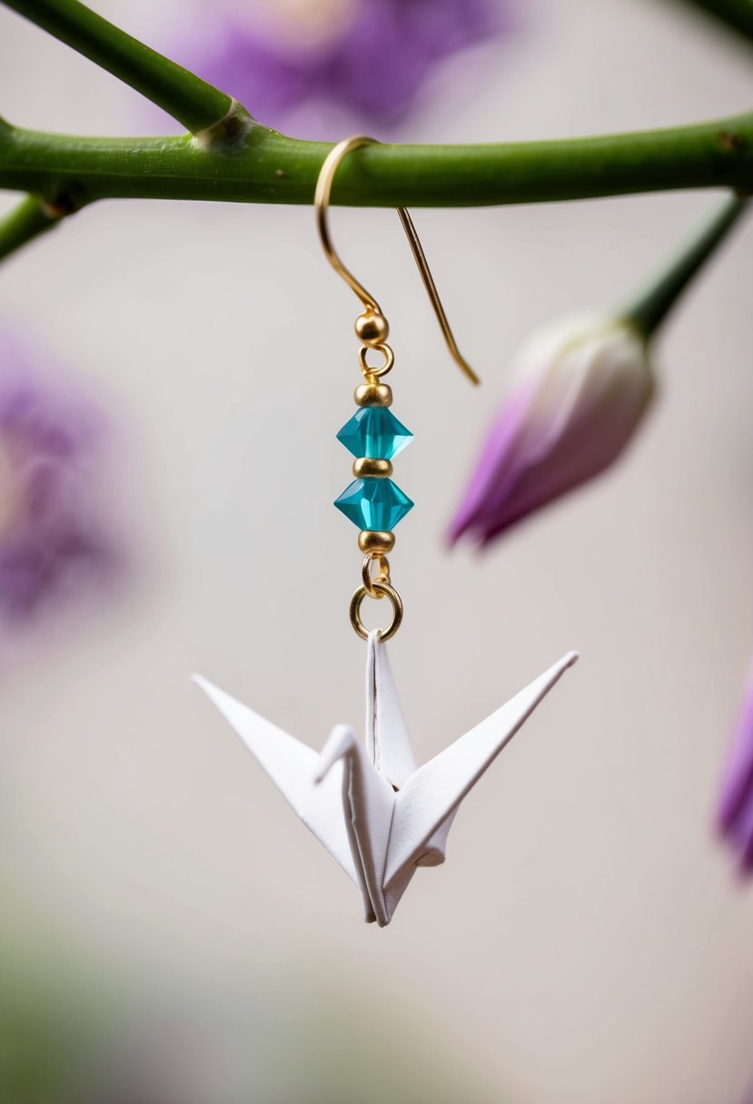 A delicate origami paper crane charm dangles from a whimsical wedding earring design