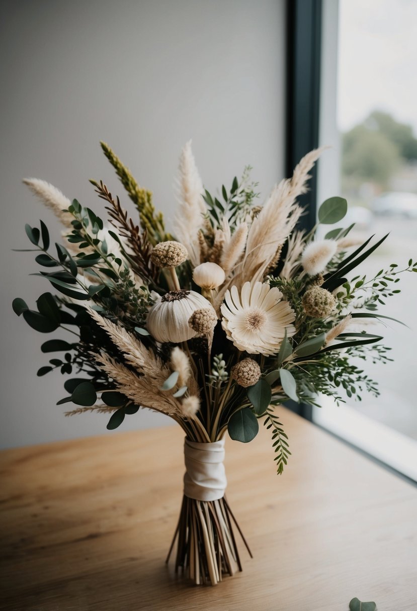 A modern wedding bouquet made of dried flowers and greenery, arranged in an elegant and stylish ensemble