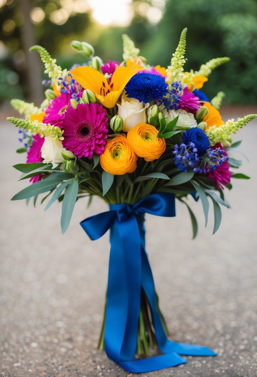 A bouquet of vibrant flowers tied together with a cascading ribbon, creating an elegant and unique wedding bouquet