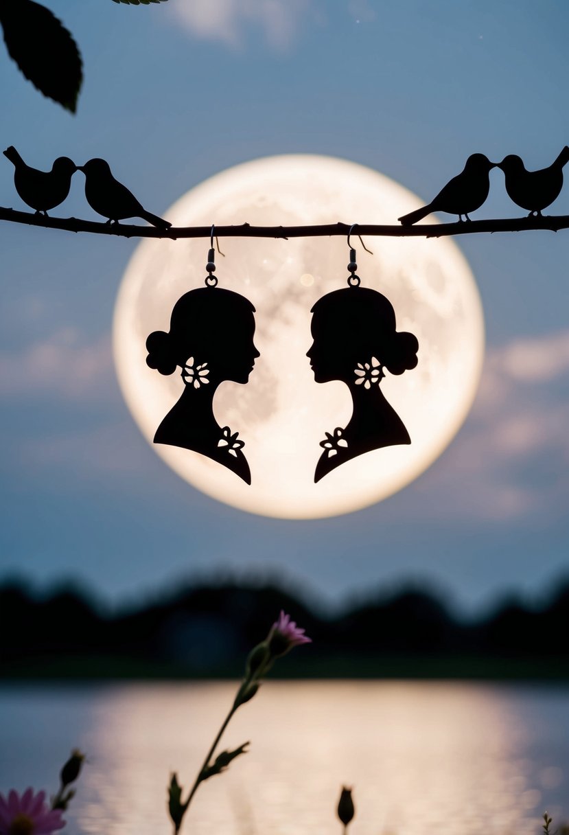 A whimsical scene of two silhouette earrings against a moonlit sky, with quirky wedding motifs like birds, hearts, and flowers