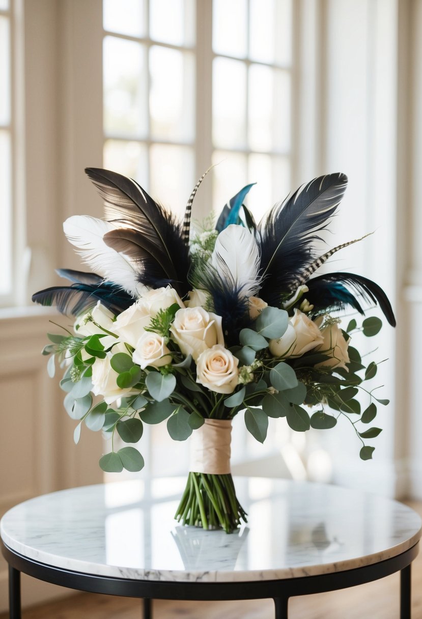 A modern wedding bouquet with unique feather accents sits on a marble table, surrounded by soft natural light