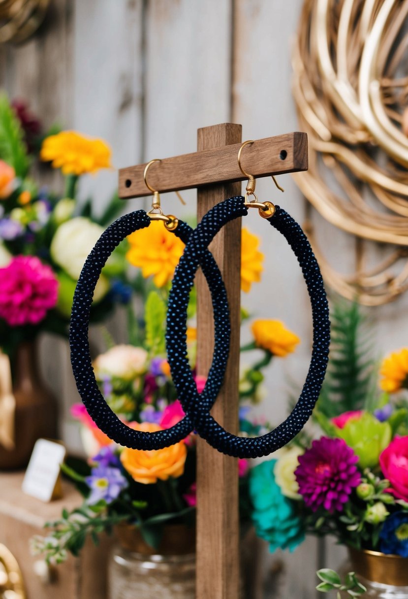 A pair of bold beaded hoops hangs from a rustic wooden display, surrounded by colorful floral arrangements and whimsical decor