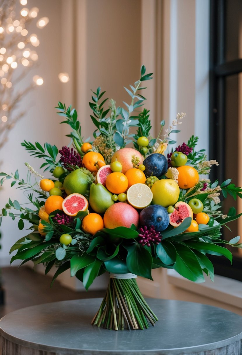 A vibrant bouquet of assorted fresh fruits arranged in a modern, elegant style with lush greenery and delicate accents