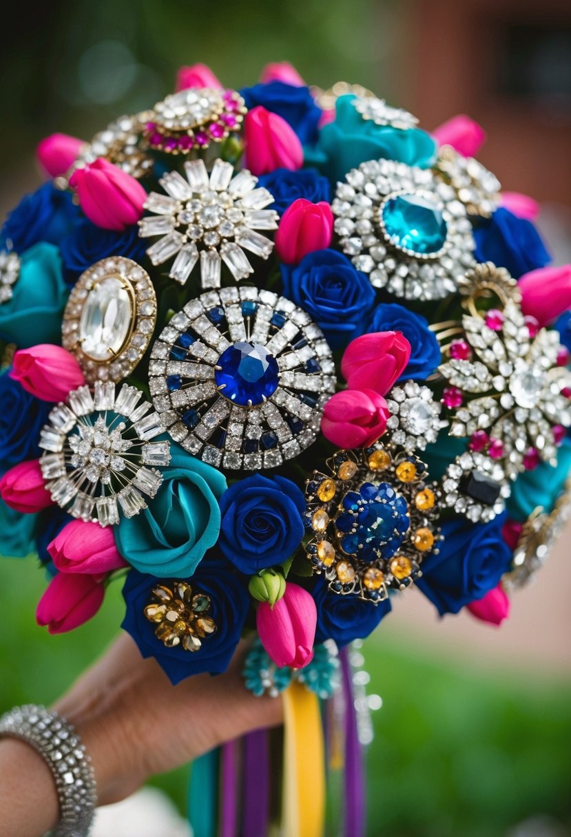 A vibrant bouquet of brooches and statement pieces, arranged in a unique and unusual fashion, perfect for a wedding