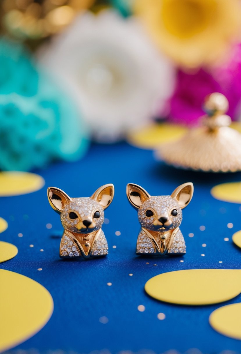 A pair of animal figure studs arranged on a vibrant background with whimsical wedding elements